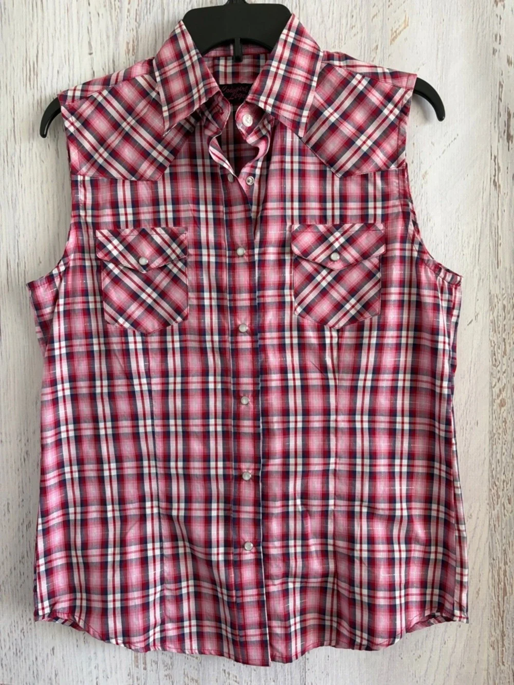 Cowgirl Legend Plaid Western Sleeveless Pearl Snap Shirt — Pink/Red/Navy - Picture 1 of 6